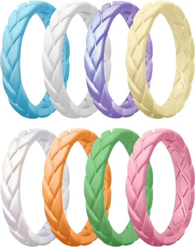 Miniatura 102 de Egnaro Anillos de boda de silicona para ella, conjuntos de novia de goma para mujer, bandas finas, diseño trenzado de hojas apilables con ranuras