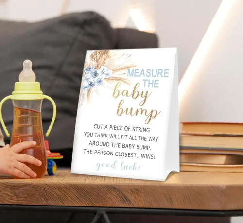 Miniatura 5 de Letrero de Baby Shower Games Measure the Baby Bump, How Big is Mommy's Belly Party Favors, cartel de pie Kraft de 5 x 7 pulgadas y 50 tarjetas