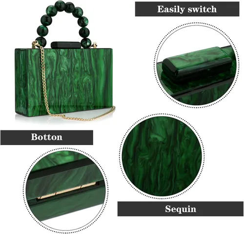 Miniatura 3 de Monederos acrílicos de noche, bolso de mano de mármol para mujer, bolso cruzado con cadena de perlas, formal, boda, fiesta de graduación