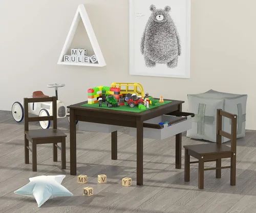 Miniatura 4 de UTEX Juego de mesa de construcción para niños 2 en 1 de madera con 2 sillas y cajones de almacenamiento, y base para legos integrada compatible