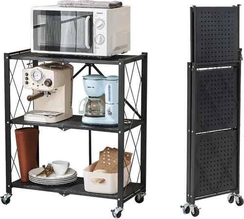 BRIAN & DANY Estantes de almacenamiento plegables de 3 estantes con ruedas, estante plegable sin montaje, estante de metal, estantería para cocina,