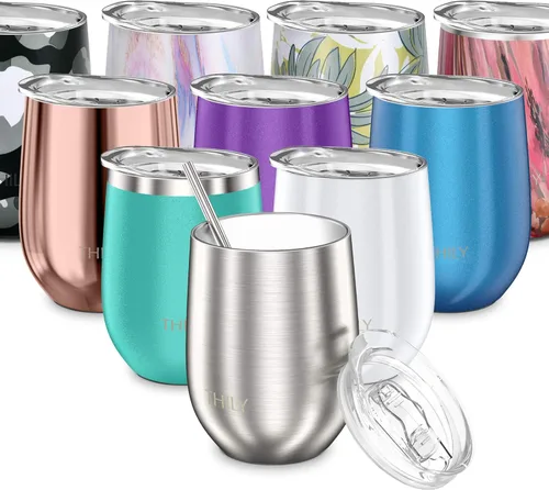 THILY Vaso de vino de metal sin tallo aislado T1, vaso de vino de acero inoxidable con triple aislamiento con tapa y popote, reutilizable, mantiene