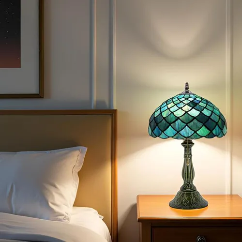 Miniatura 4 de Tiffany Style Stained Glass Table Lamp 18.5 Inch - Blue Fish Scales 12X12X18.5 Inch, E26 Bulb Base，Pull Chain Switch, Ceramic Base, Bedside