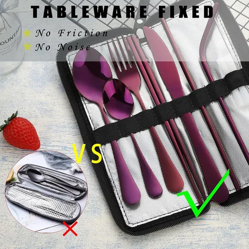Miniatura 2 de VANDBAO Utensilios de viaje portátiles, cubiertos reutilizables con estuche para fijar vajilla, juego de cubiertos estables de acero inoxidable de 9