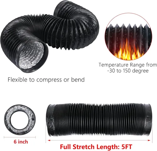 Miniatura 2 de Conducto de aire negro de 6 pulgadas y 5 pies, manguera de ventilación de aluminio flexible de 4.9 ft de longitud para ventilación HVAC con 2