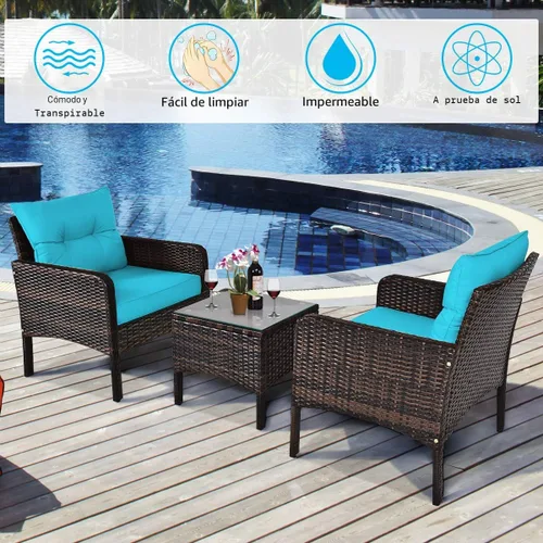 Miniatura 8 de Tangkula Sillas de mimbre de 3 piezas con mesa auxiliar superior de cristal, cojines gruesos, para todo tipo de clima, jardín, césped, piscina