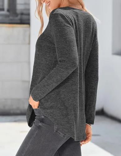 Miniatura 3 de iGENJUN Camisas de manga larga para mujer, moda de otoño, manga larga, cuello en V, túnica para leggings, ajuste holgado, rosa, S