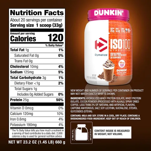 Miniatura 5 de Dymatize ISO100 - Proteína hidrolizada en polvo sabor Dunkin' Mocha Latte, 100% aislado de proteína de suero, 0.88 oz (25 g) de proteína , 95 mg