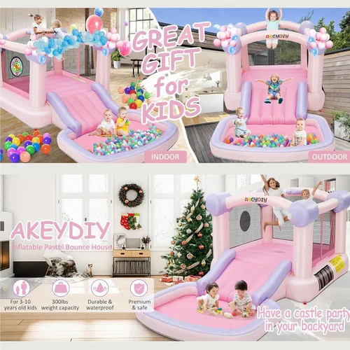 Miniatura 8 de AKEYDIY Pastel Dream Casa de Rebote para Niños de 3-10, Casa de Rebote de Agua de 161x82x63 pulgadas con Tobogán, Piscina de Pelotas/Foso