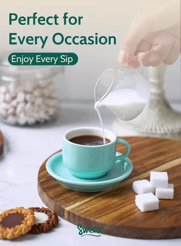 Miniatura 5 de Sweese - Juego de 4 tazas de porcelana apilables de 2.5 onzas para café expreso, con platillos y soporte de metal, color turquesa