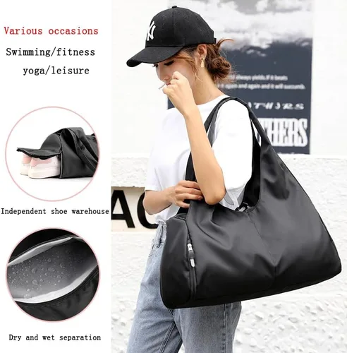 Miniatura 5 de Forestfish Bolsa de gimnasio de yoga para mujer con compartimento para zapatos y bolsillos de almacenamiento húmedos y secos, bolsa de lona ligera