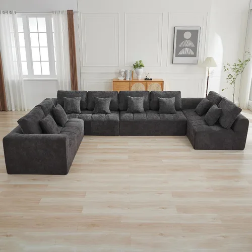 Miniatura 56 de Sofás modulares deshuesados de 140 pulgadas para sala de estar, sofá modular modular de nube comprimida, sofá moderno en forma de U de 9 plazas Gris