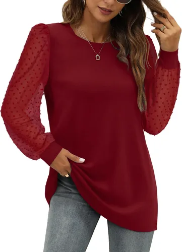 Miniatura 4 de WIHOLL Camisas de manga larga para mujer, túnica de otoño, ropa de cuello redondo a la moda