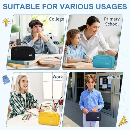 Miniatura 6 de VASCHY Estuche para lápices, organizador grande con cremalleras y asa superior, suministros escolares para niños, adolescentes, estudiantes