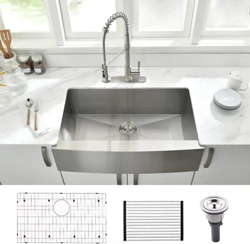Miniatura 10 de Fregadero de cocina negro de 30 pulgadas con delantal frontal de 30 x 22 pulgadas, acero inoxidable, calibre 16, fregadero frontal curvado