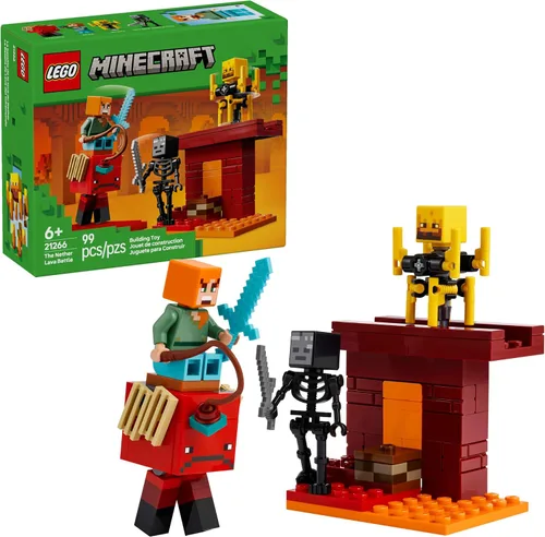 LEGO Minecraft The Nether Lava Battle Toy and Playset – Juguete de construcción de Minecraft para niños a partir de 6 años – Alex, Wither Skeleton,