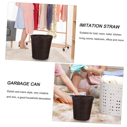 Miniatura 9 de Garneck Recipientes de basura de paja de imitación con tapas, cubo de basura de bambú personalizado, pequeño bote de basura automático para baño