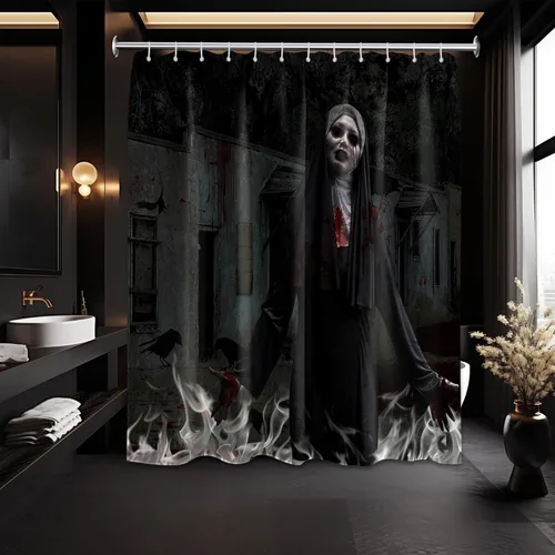 Miniatura 13 de Cortina de ducha de Halloween, diseño de mansión embrujada gótica espeluznante, juego de cortinas de baño de castillo de murciélago gótico Embrujado