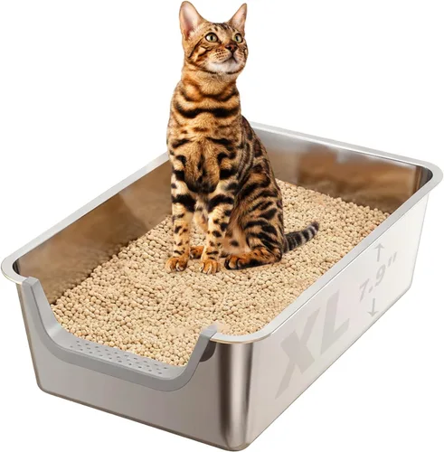 Caja de arena XL de acero inoxidable para gatos, a prueba de fugas, bandeja de arena de metal de 7.9 pulgadas de alto, no se pega, antideslizante,