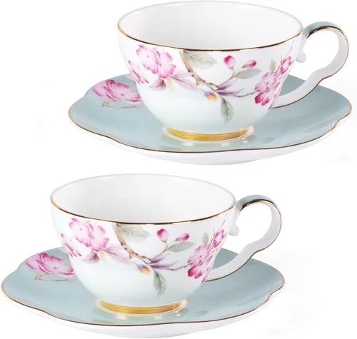 Miniatura 27 de KAMMAK Juego de 2 tazas de café de cerámica, tazas de café de porcelana con platillos, 6.52 onzas hechas a mano, elegante taza de té de porcelana