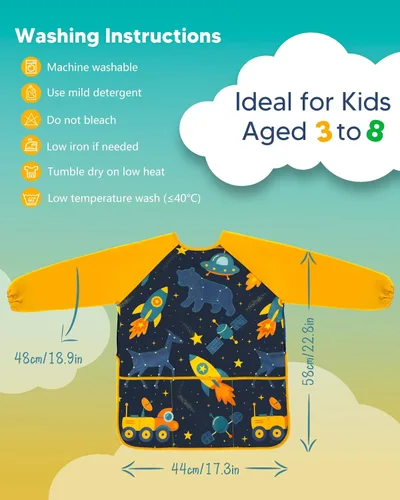 Miniatura 3 de Oiomniv Delantal de Arte para Niños – Delantal de Pintura de Manga Larga Impermeable con 3 Bolsillos, Delantal Lavable para Niños Pequeños y Niños