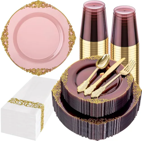 Hioasis 175 platos de color borgoña y oro, platos de fiesta burdeos para 25 invitados, incluyen 50 platos resistentes (20% más gruesos que el