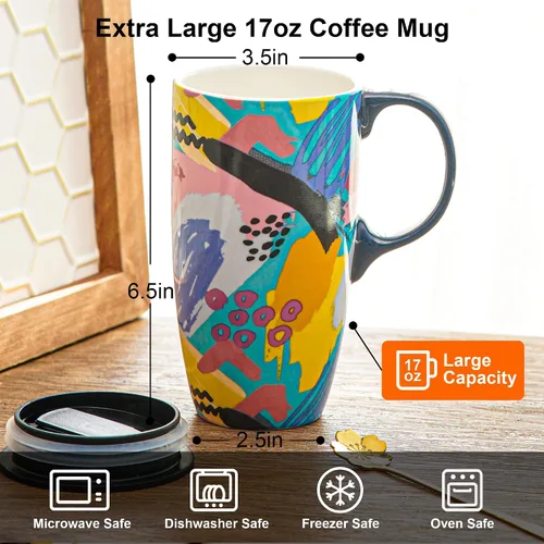 Miniatura 2 de Topadorn Taza de café de cerámica de 17 onzas con tapa, taza abstracta de los años 80, taza de té de porcelana de graffiti colorido, apta