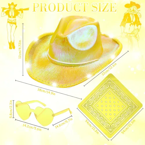Miniatura 4 de Unittype Paquete de 18 sombreros de vaquero, sombrero de vaquera para novia, sombrero LED de vaquero espacial con 6 gafas, 6 bandana para mujer