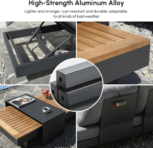 Miniatura 3 de homary Juego de 6 sofás seccionales de aluminio y teca para exteriores con respaldos ajustables, cojines impermeables, ideal para patios y balcones