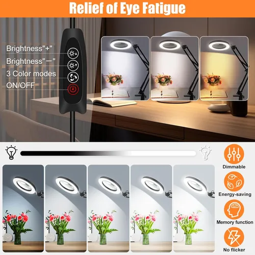 Miniatura 4 de Lupa de 10 veces con luz y soporte, regulador de intensidad ajustable con brazo oscilante 2 en 1, lámpara de escritorio y abrazadera, lupa