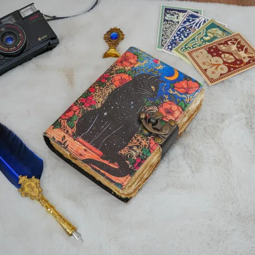 Miniatura 4 de Libro de hechizos en blanco de sombras, diario de grimorio, diseño de gato mágico, suministros de brujería, cuaderno Wiccan hecho a mano, vintage