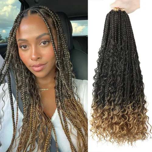 Miniatura 13 de LMZIM 18 Pulgadas Trenzas de Caja Bohemias 8 Paquetes Trenzas de Caja de Diosa Bohemia Cabello de Ganchillo con Puntas Rizadas Cabello de Ganchillo