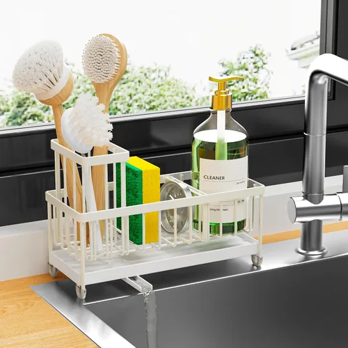 Miniatura 17 de Cisily Soporte de esponja negro extra grande para fregadero de cocina, organizador de fregadero con soporte alto para cepillos, organizadores