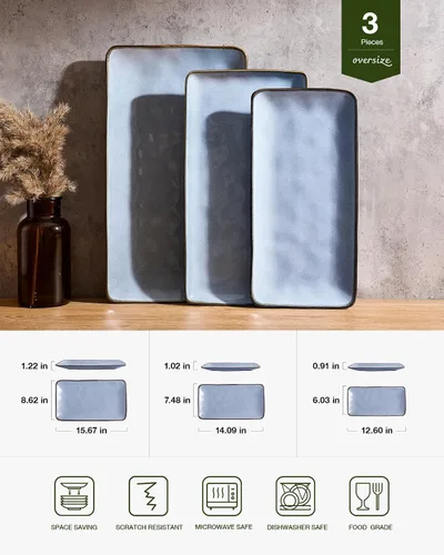 Miniatura 4 de famiware Juego de 3 platos rectangulares para servir y vajilla para 4 (12 unidades), color azul