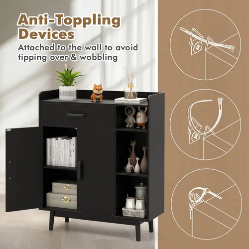 Miniatura 4 de Giantex Gabinete de Almacenamiento de Piso, Armario Independiente con 1 Cajón, 2 Puertas, 3 Estantes, 4 Patas de Madera de Caucho, Aparador, Unidad