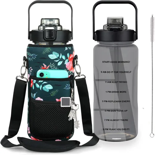 Botella de Agua de Medio Galón con Funda, Botella de Agua Motivacional de 64 Onzas con Pajita y Marcador de Tiempo, Botella de Agua Grande para