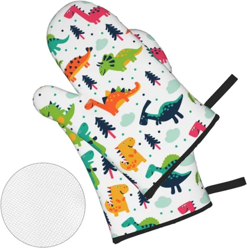 Miniatura 3 de Juego de 4 manoplas de horno y agarraderas de dinosaurio Kawaii con diseño de dinosaurio, guantes resistentes al calor para cocina, hornear, asar a