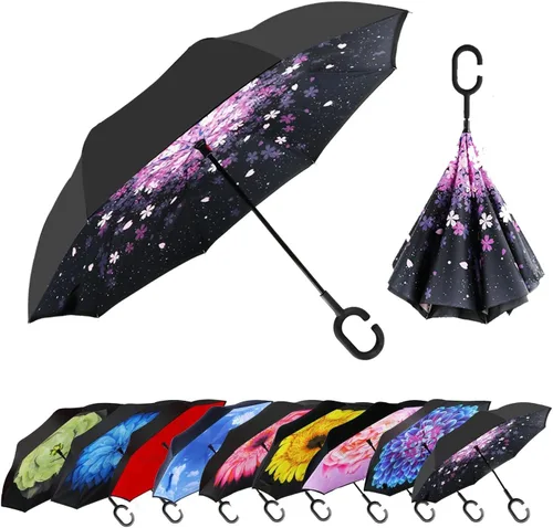 Miniatura 17 de MRTLLOA - Paraguas invertido de gran tamaño de 40/49/56 pulgadas - Sombrilla doble capa resistente al viento, con mango en forma de C y tamaño golf