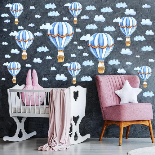 Miniatura 2 de Calcomanías de pared extraíbles para globos de aire caliente grandes, calcomanías de vinilo de nubes azules, autoadhesivos, murales artísticos