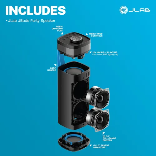 Miniatura 8 de JLab JBuds Party - Altavoz Bluetooth Portátil, 2 Controladores de Rango Completo + 2 Woofers Pasivos, IP56 Resistente al Agua, 12 Horas