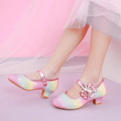 Miniatura 2 de Dufannie Zapatos de vestir para niñas, zapatos de tacón bajo de princesa, zapatos planos con purpurina para bodas y fiestas