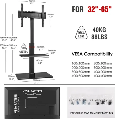 Miniatura 7 de AOKCOS Soporte de TV de suelo con giro de 60 grados, soporte de suelo para televisores de 32 a 65 pulgadas de hasta 88 libras con inclinación