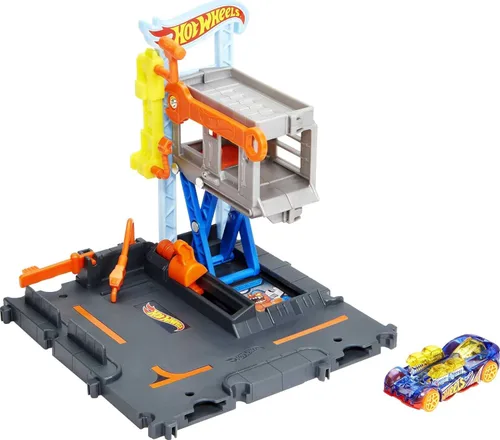Hot Wheels City Toy Car Track Set Downtown Repair Station Playset con vehículo a escala 1:64, elevador de trabajo y lanzador
