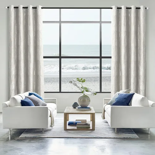 Miniatura 7 de Cortinas de patrón geométrico jacquard 100% opacas beige y plateado, 2 paneles de 52 pulgadas de ancho y 63 pulgadas de largo, con aislamiento