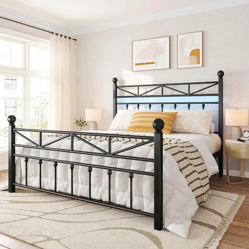 Miniatura 9 de EnHomee Base de cama de plataforma de metal tamaño Queen, cabecero alto de 54" y luces LED, cabecero y piecero vintage victoriano, almacenamiento
