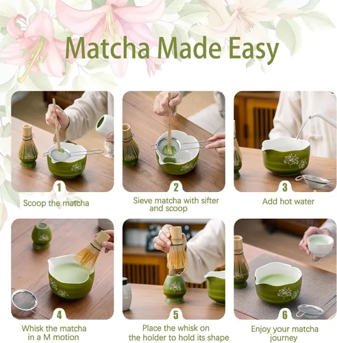 Miniatura 7 de Buucup Juego de matcha, 5 piezas de aguacate verde matcha con cuenco en forma de corazón con boquilla, batidor de bambú, cuchara, tamiz y soporte