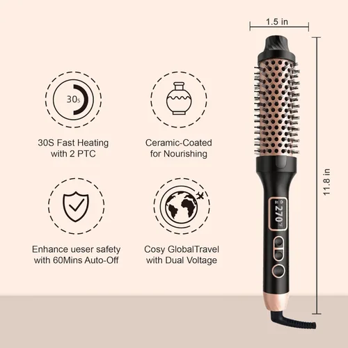Miniatura 8 de NONK Cepillo térmico de 1.5 pulgadas, cepillo térmico redondo y rizador para todo el cabello, 5 controles de temperatura y doble voltaje, hace que