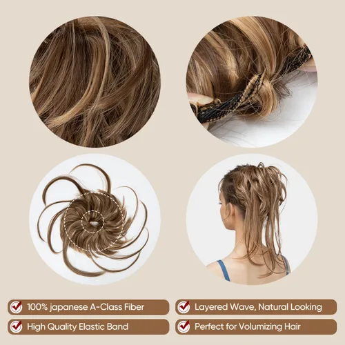 Miniatura 5 de CJL HAIR - Extensión de cabello tipo coletero de chongo desordenado, rizado, sintético, con colas rectas, scrunchies para peinados de moño