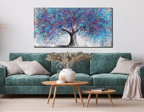 Miniatura 3 de GUGIKA Arte de pared de árbol para sala de estar, lienzo de acuarela azul para decoración de pared en el dormitorio, pintura de grafiti de Banksy