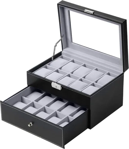 BASTUO Caja de reloj para hombres 20 relojes organizador con funda de almacenamiento de reloj de piel sintética, organizador de colección de joyas,